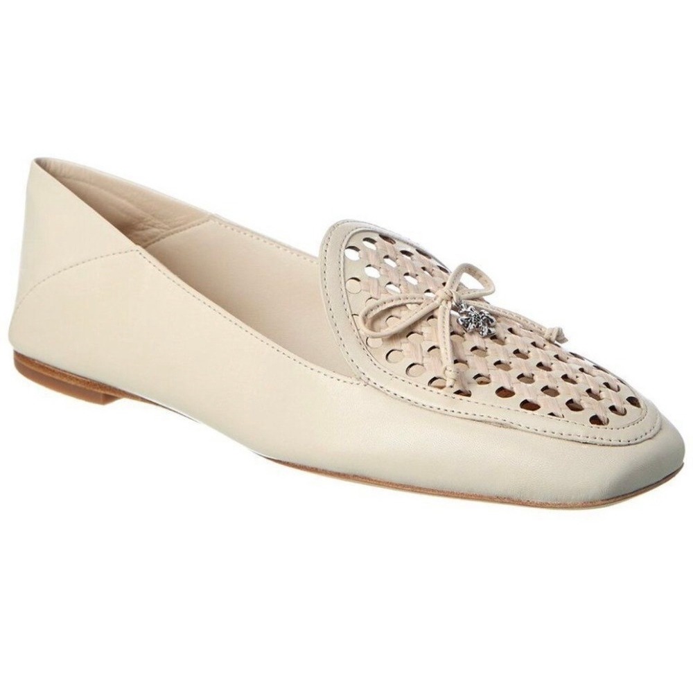 Tory Burch Woven Leather Ivory Charm Loafers Square Toe Flats Bow Detail‎ Size 7